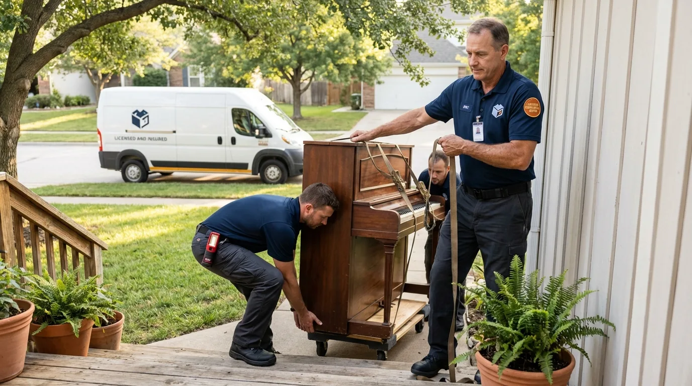 Licensed piano movers securing grand piano in Lake Charles, LA