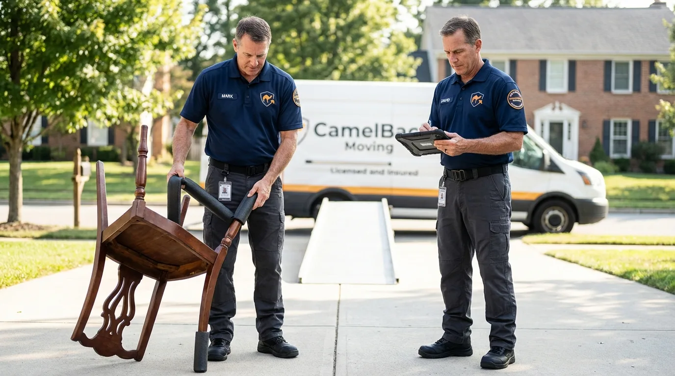 Movers inspecting furniture for damage prevention before loading in Lake Charles, LA
