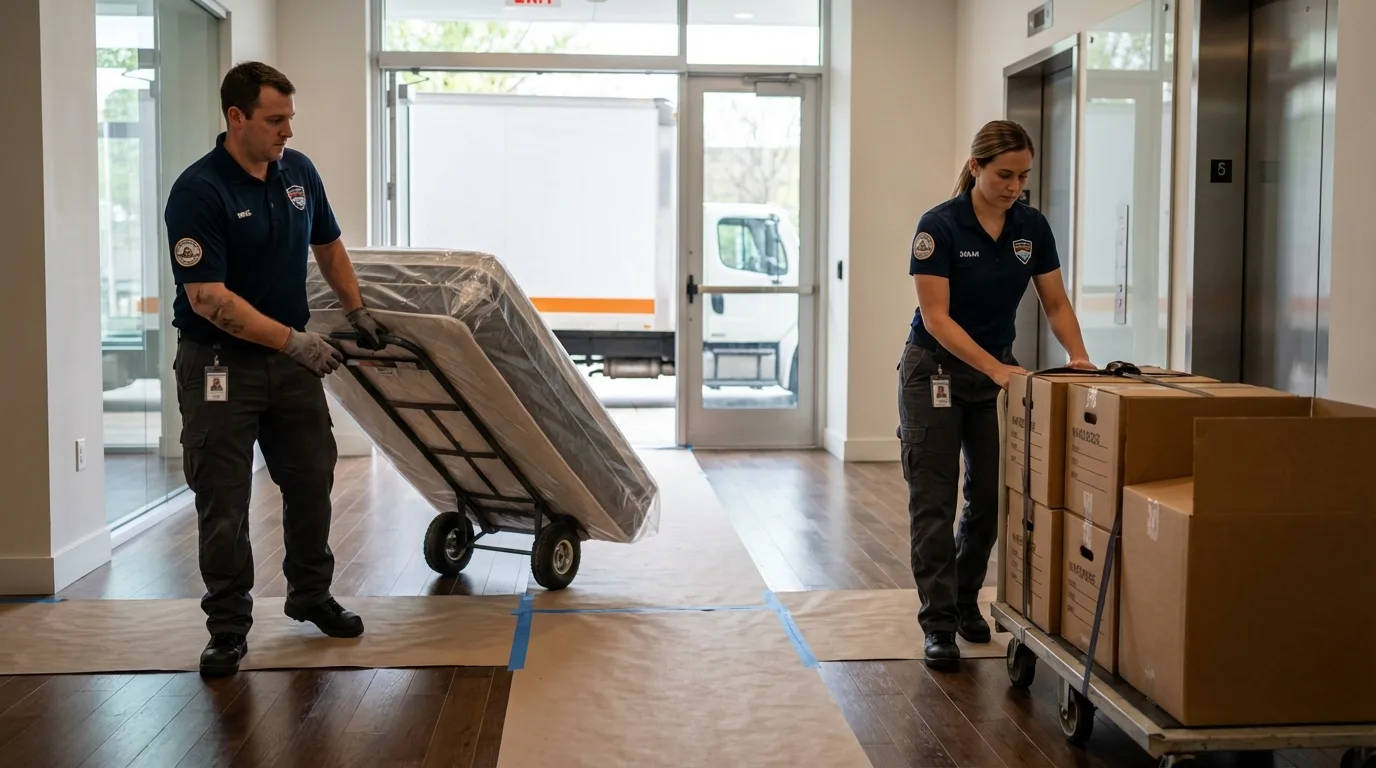 Professional apartment movers loading elevator in Lake Charles, LA