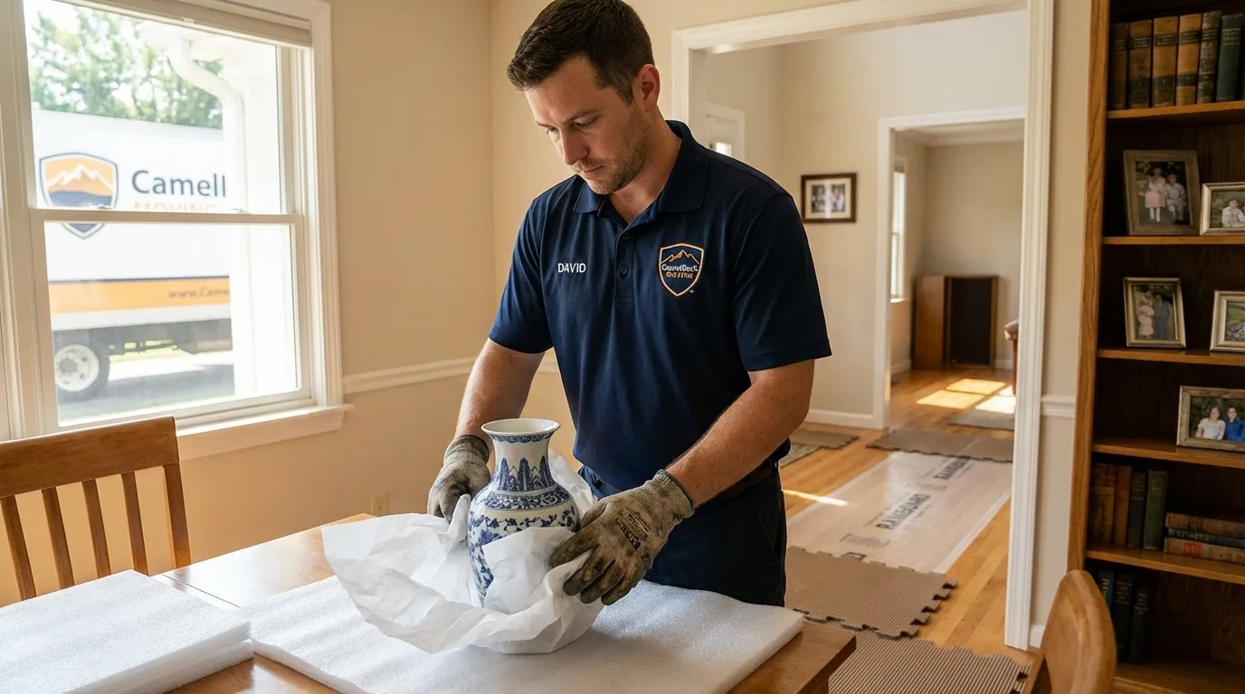 Professional crew carefully wrapping antique vase for senior downsizing move in Lake Charles, LA